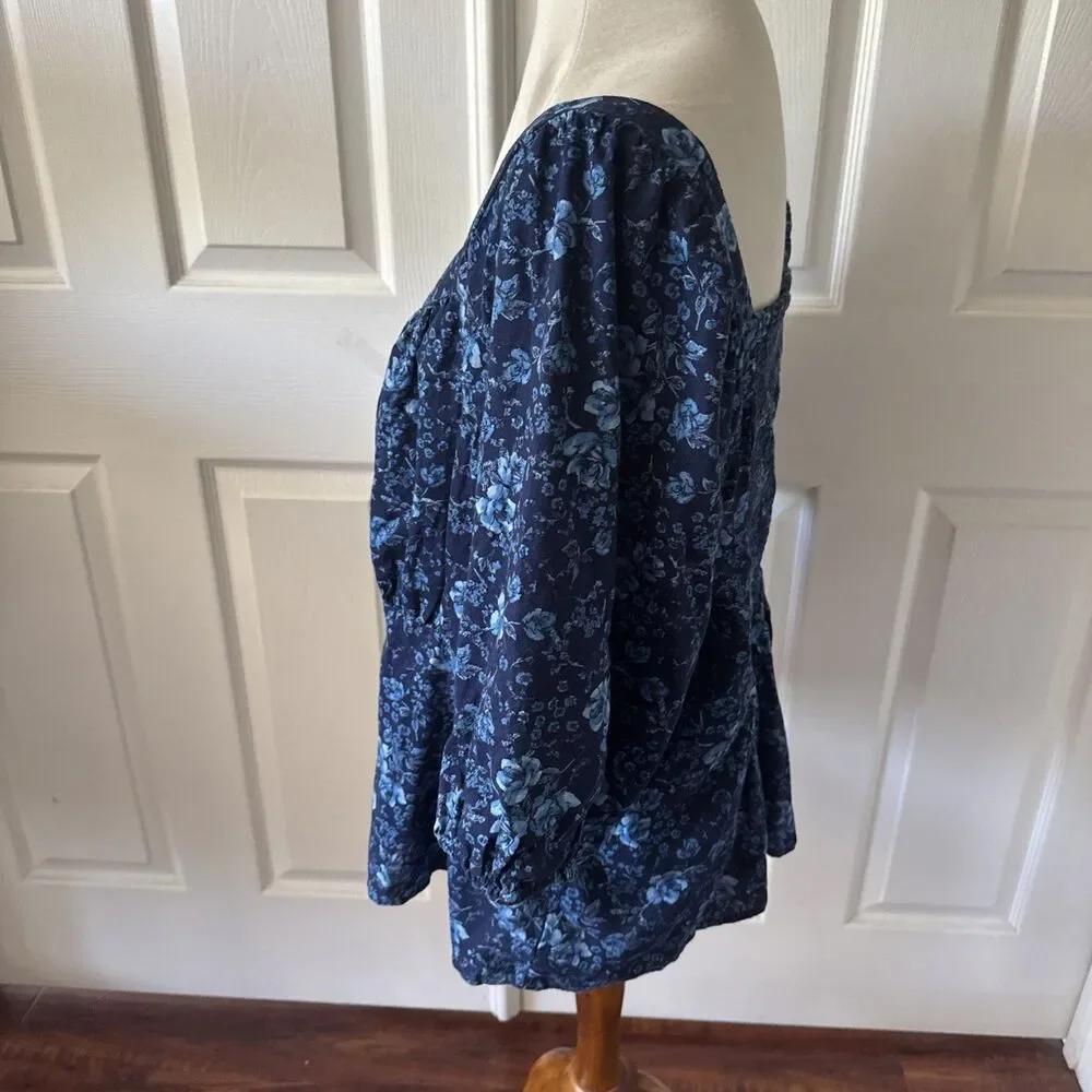 Old Navy Womens Plus 3X Floral Top Peasant Milkmaid Blue Cottagecore Shirred